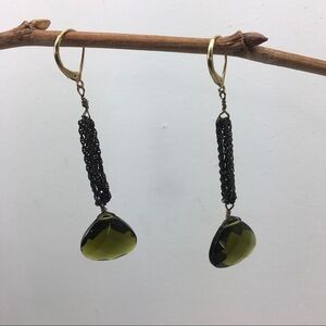 Smokey Chain Green Stone Earrings Pierced Hanging Dangle Hinged Ear Hooks